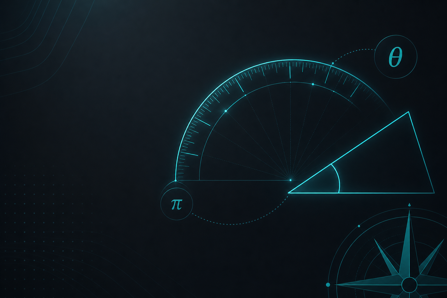 Illustration of a protractor arc and angle geometry symbols.
