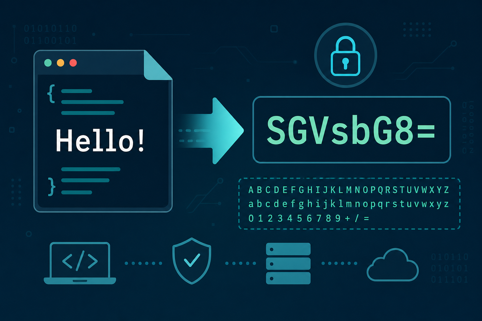 Illustration of plain text converting to a Base64 encoded string using the standard alphabet.