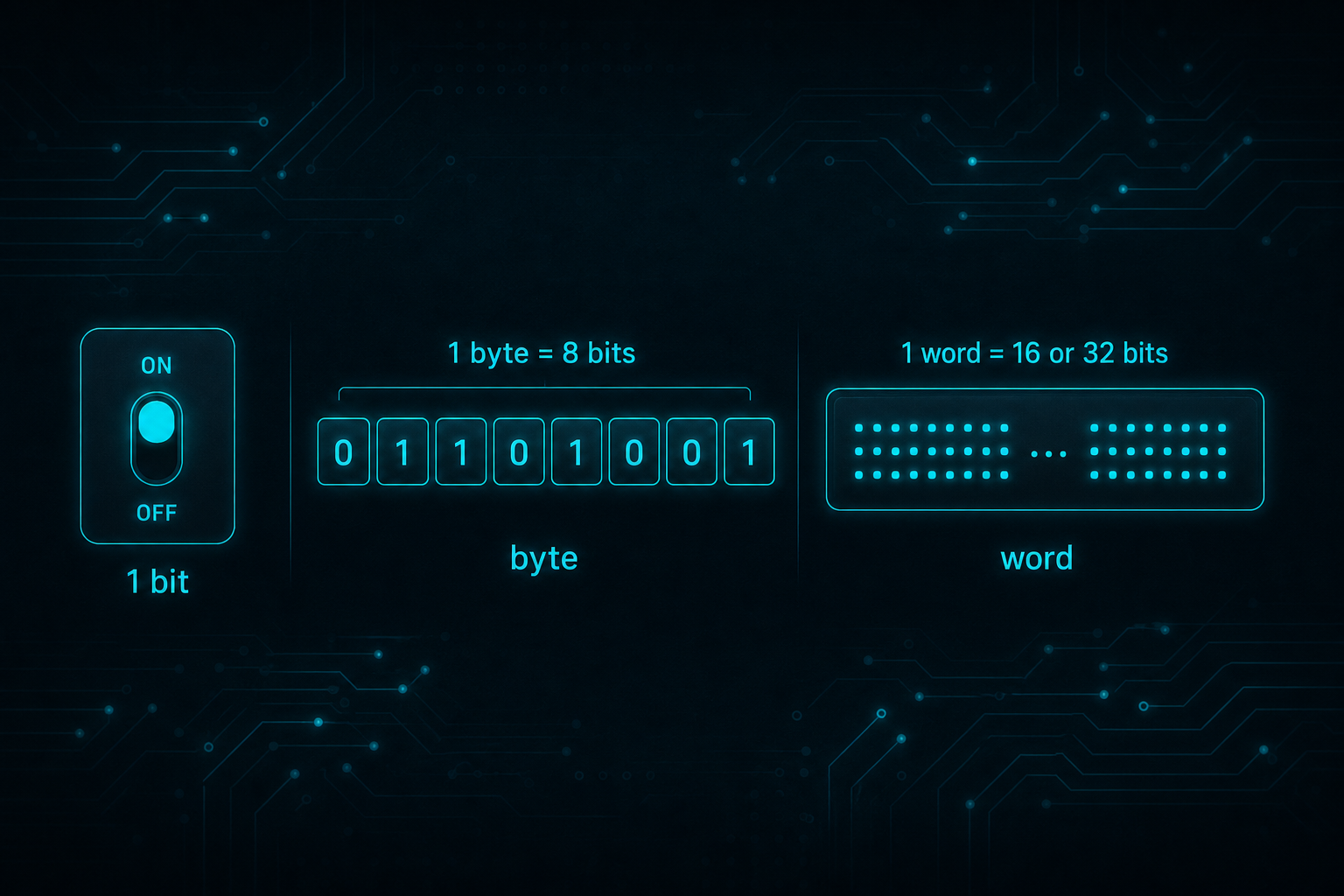 Illustration of a single bit switch, a byte of eight bits, and a wider word.
