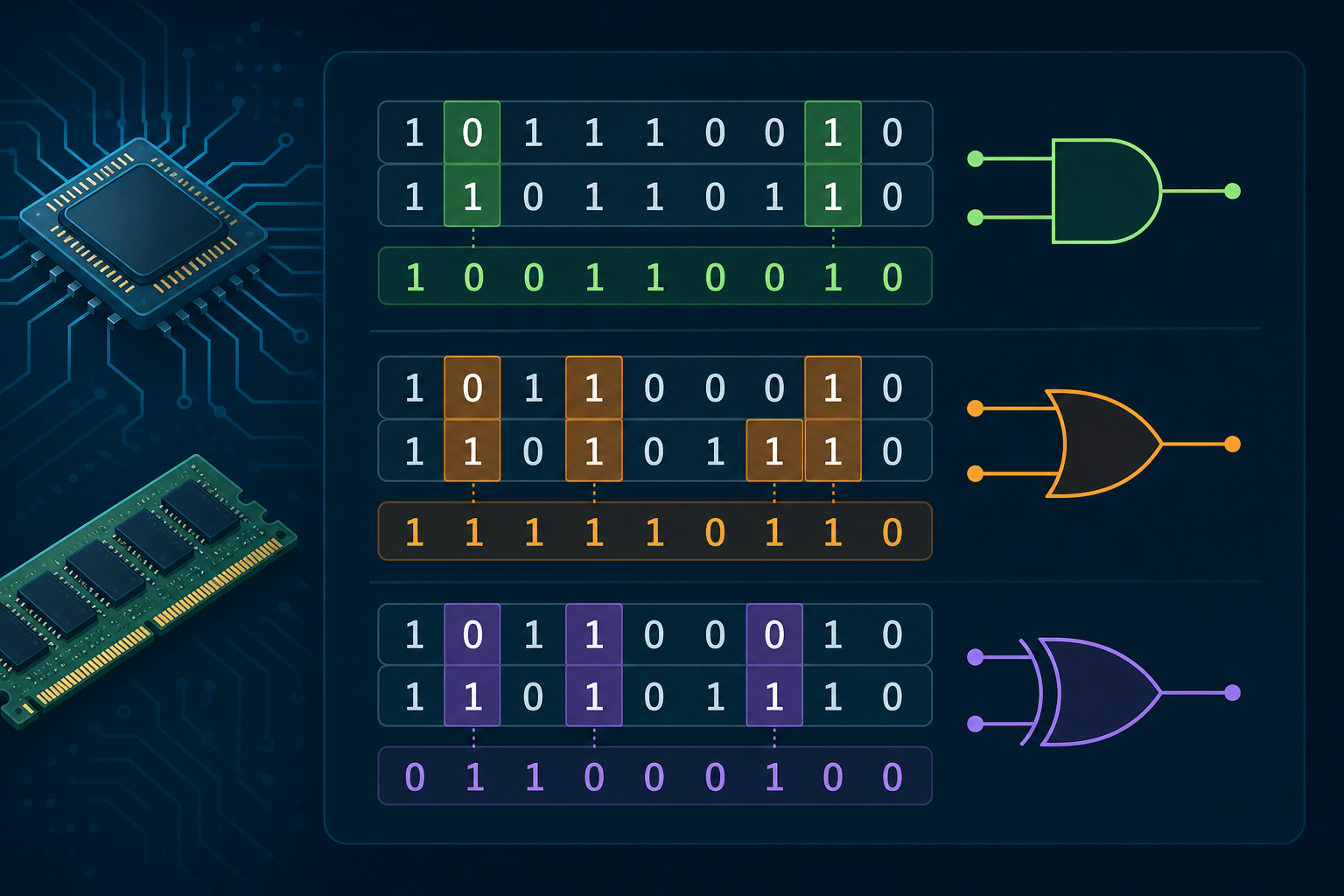 Illustration of bitwise AND, OR, and XOR operations on binary numbers with logic gate symbols.