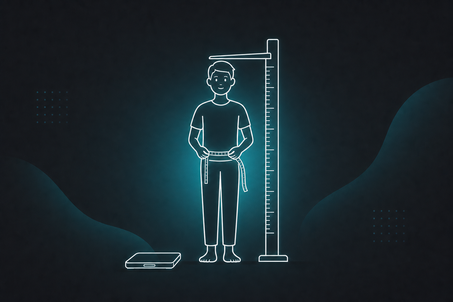 Illustration of a person beside a height scale, with a tape measure around the waist and modern scales on the floor.