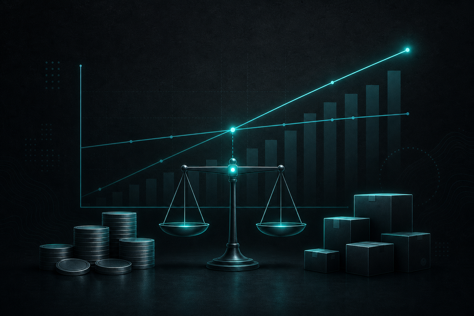 Illustration of a balance scale, crossing cost and revenue lines, coins, and product boxes.