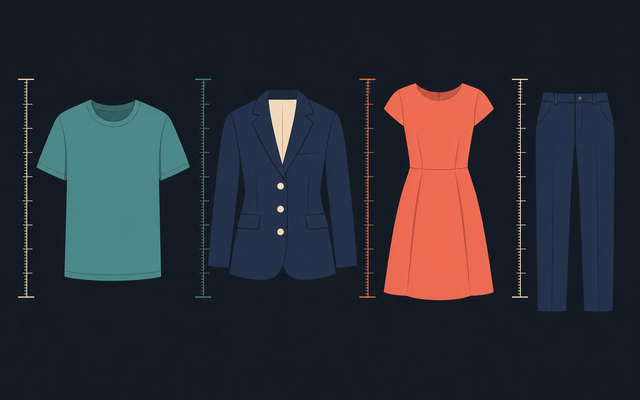 Illustration of a T-shirt, tailored jacket, dress, and pair of trousers beside simple measuring marks.
