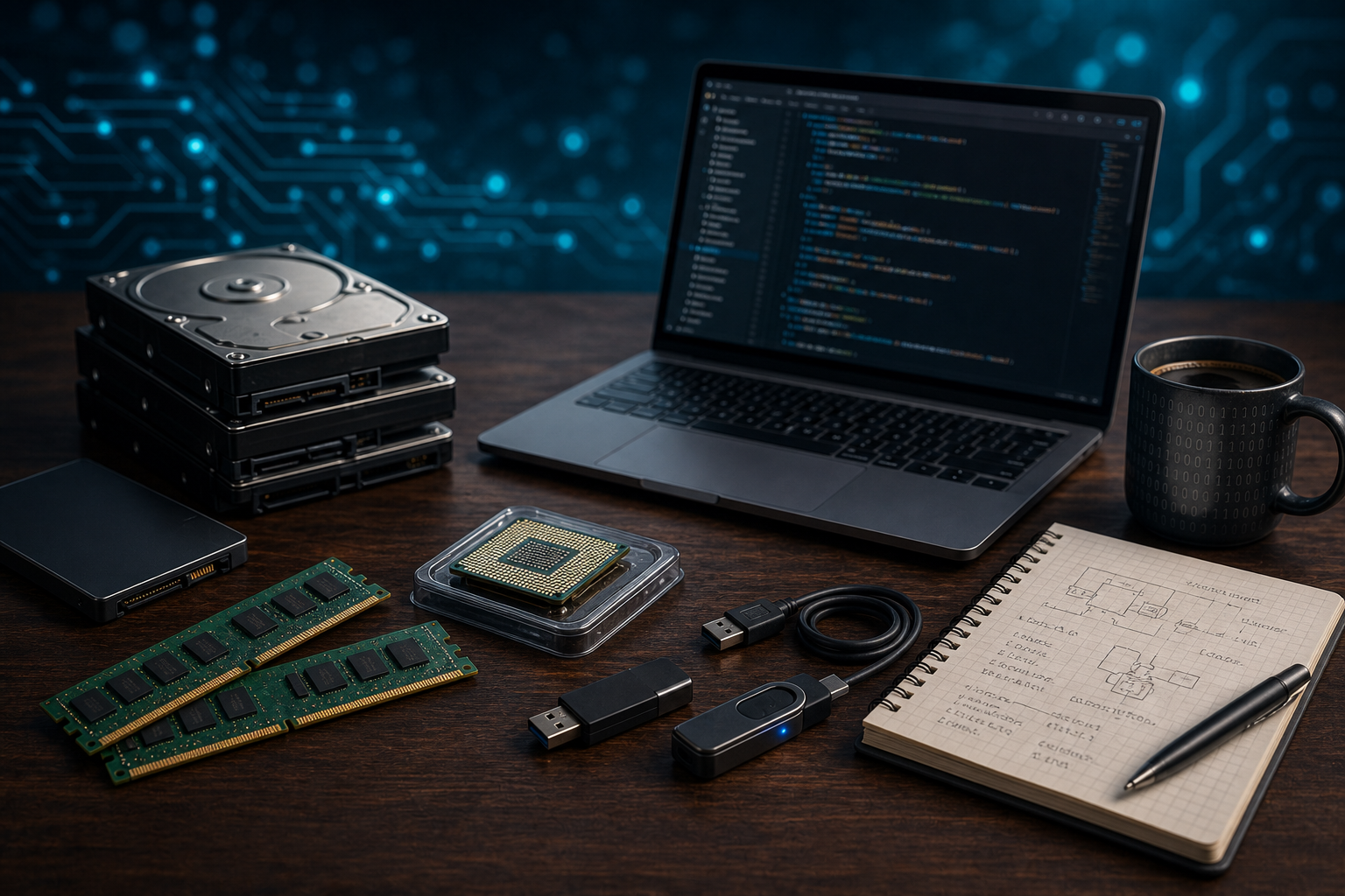 Illustration of RAM modules, hard drives, a CPU, a laptop, USB drives, and a notepad on a desk.