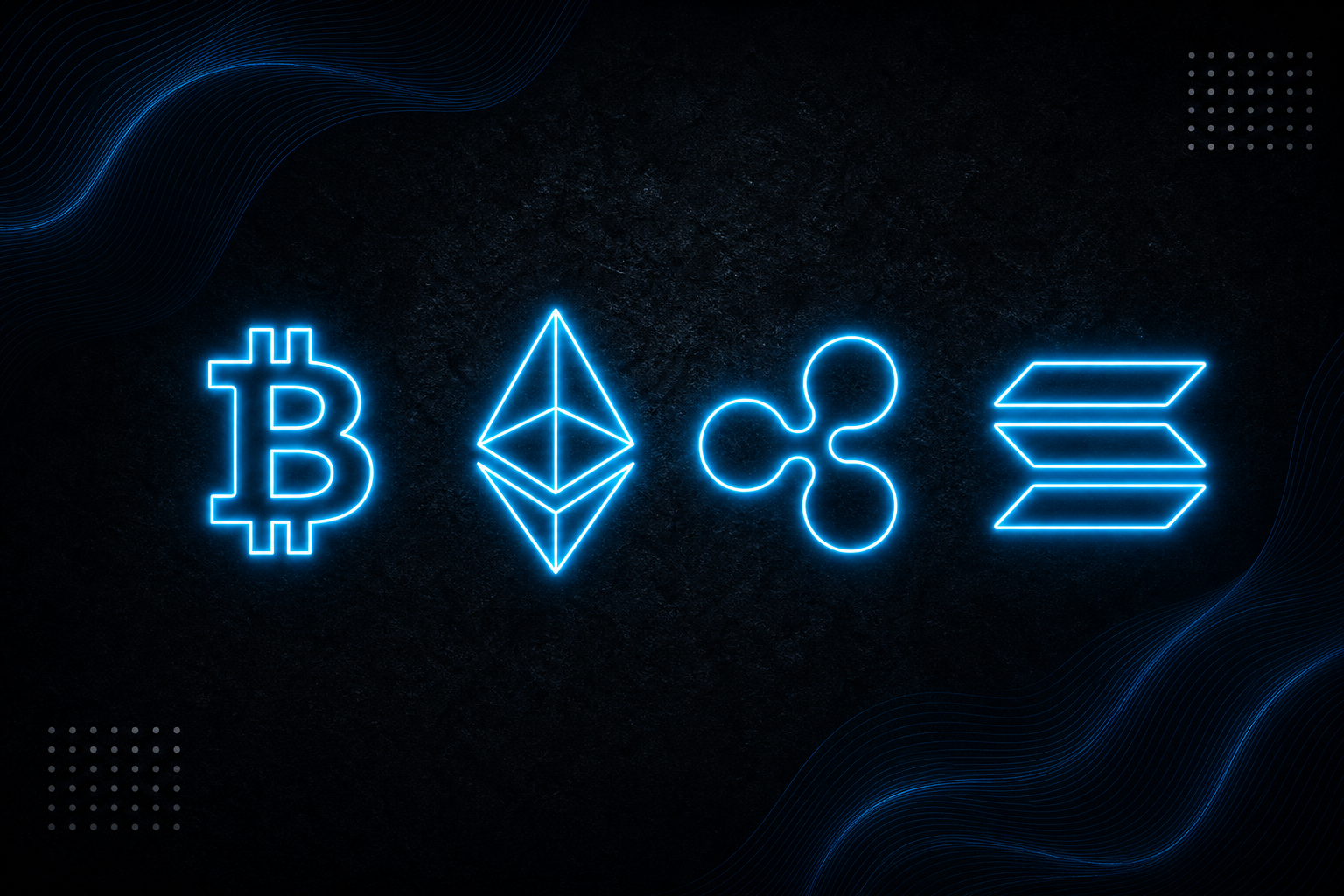 Stylised Bitcoin, Ethereum, XRP, and Solana cryptocurrency symbols.