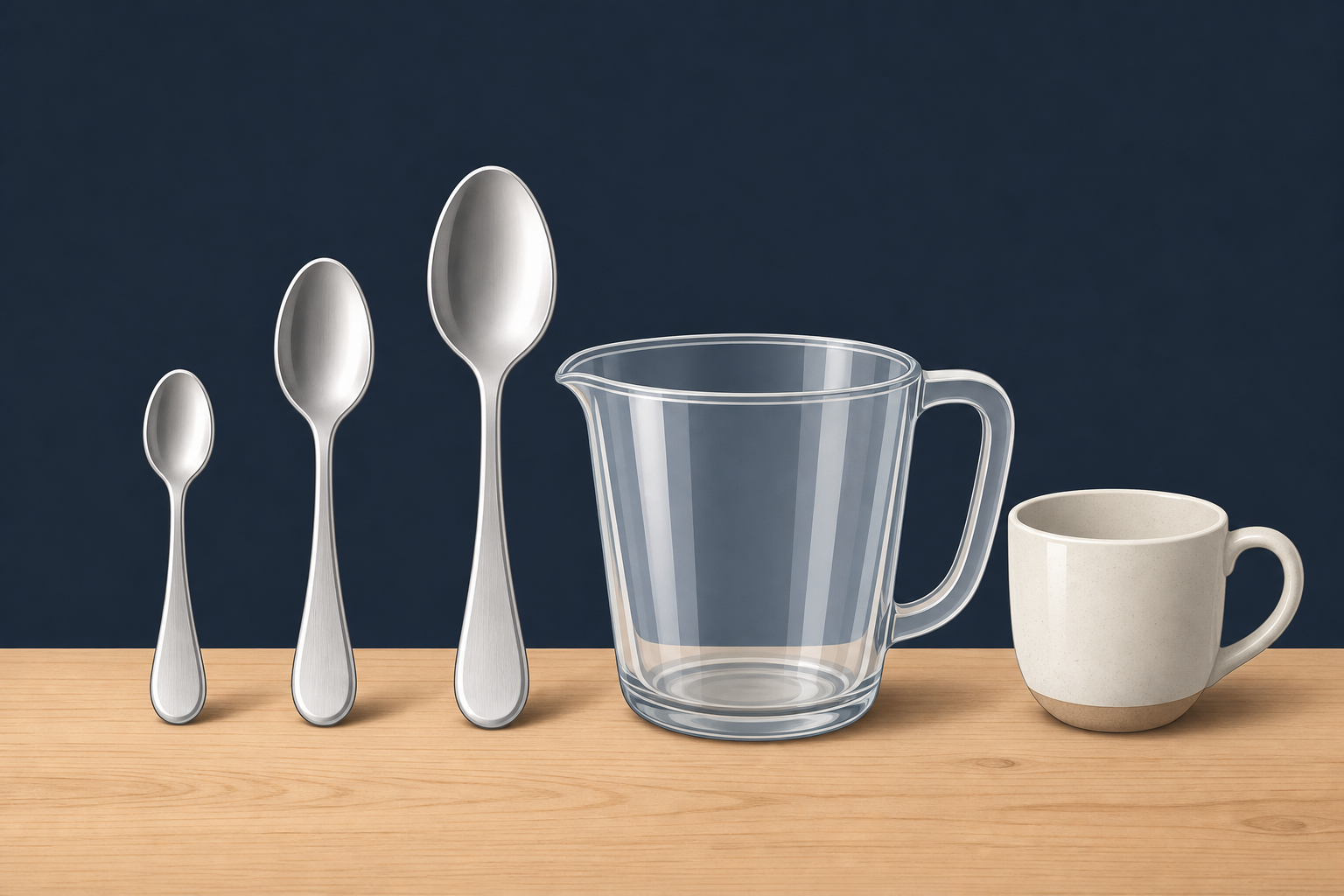 Illustration of three kitchen spoons in different sizes, a measuring jug, and a cup.