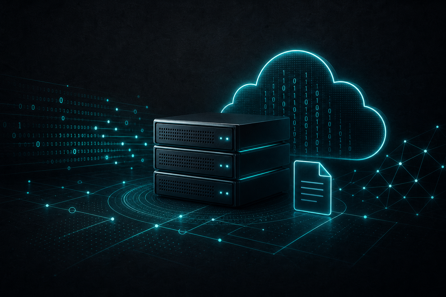 Illustration of server drives, cloud storage, binary digits, and data nodes.