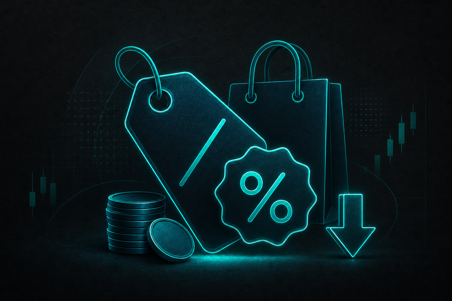Illustration of a price tag, percentage badge, shopping bag, and coins.