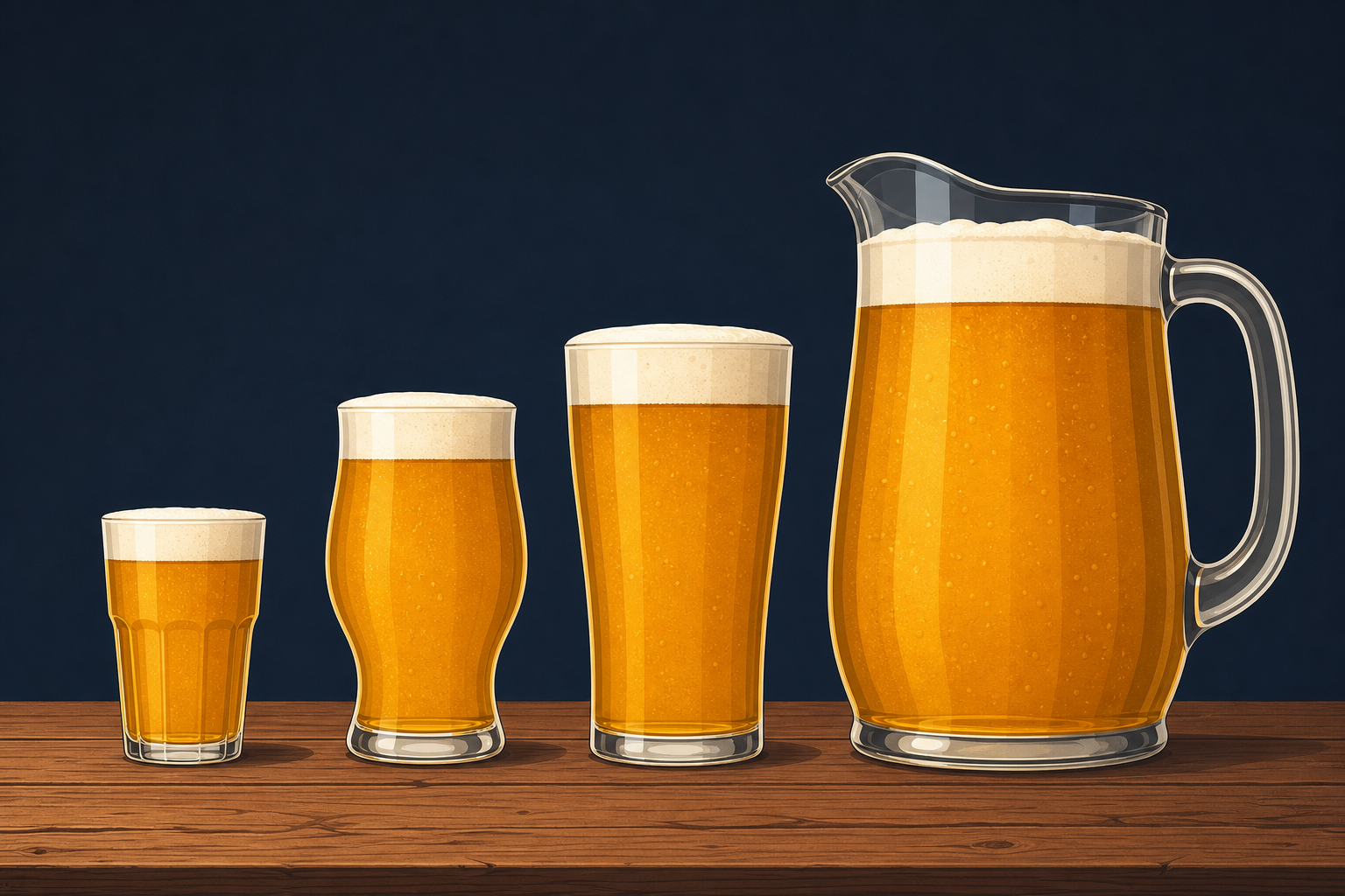 Illustration of a pub beer jug and three different sized beer glasses.
