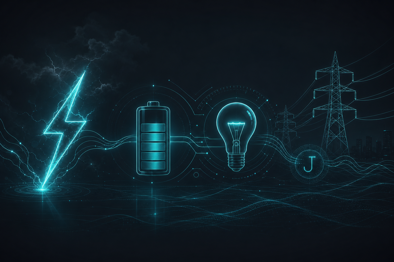 Illustration of lightning, battery, and electrical energy symbols.