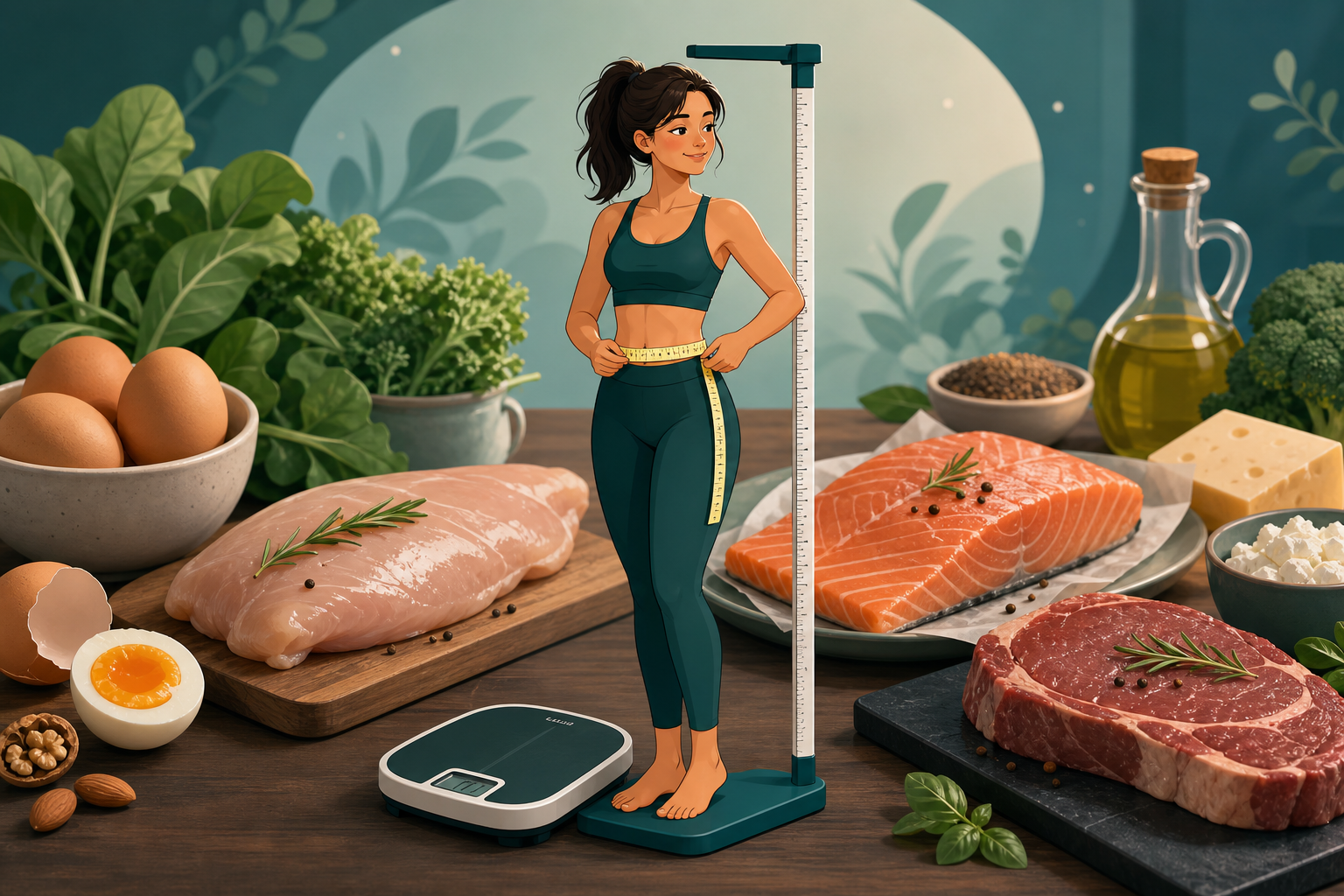Illustration of body measurement tools in the foreground with eggs, meat, and other protein foods in the background.