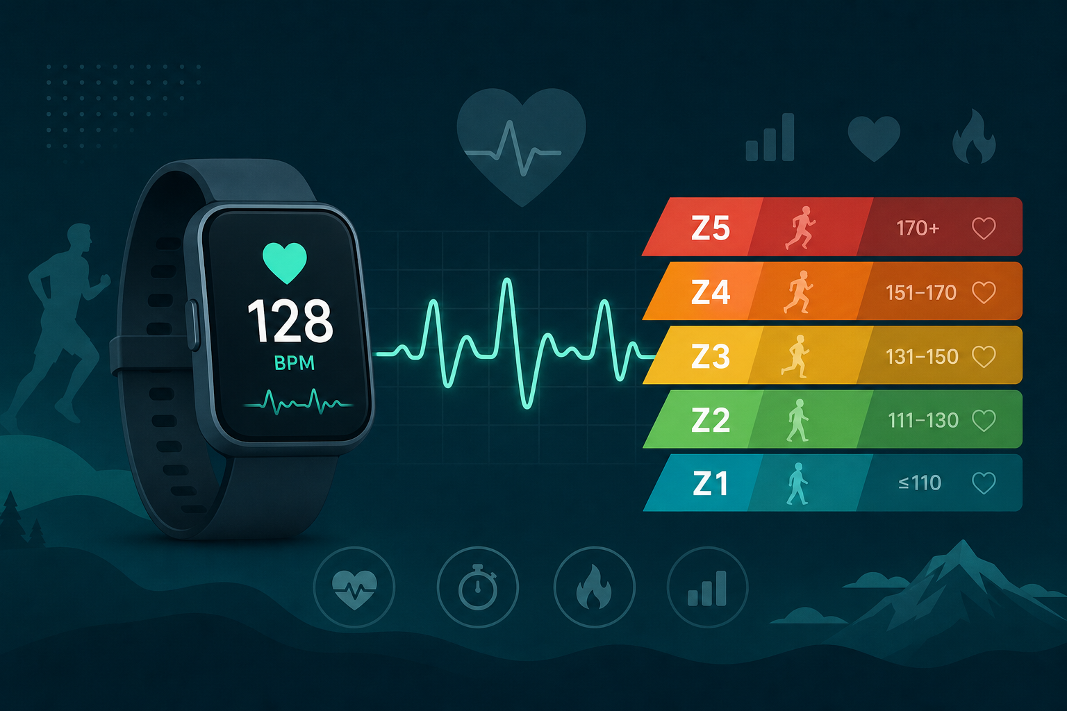 Illustration of a person with heart and fitness symbols beside a pulse line.