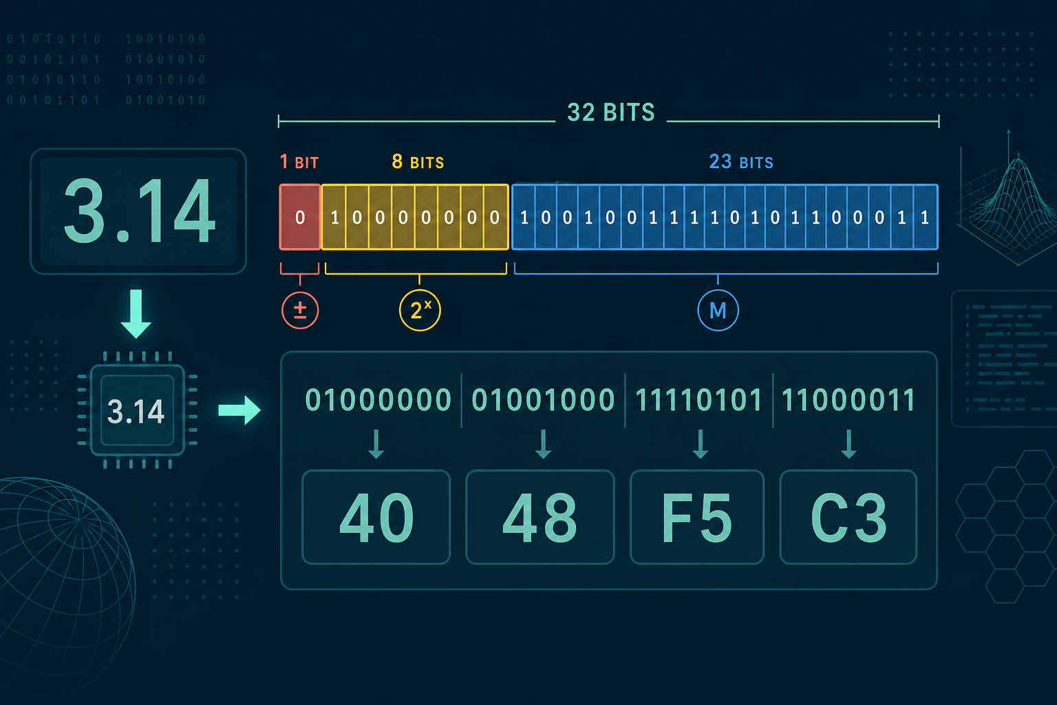 Diagram of IEEE 754 float layout showing sign, exponent, and mantissa fields with hexadecimal bytes.