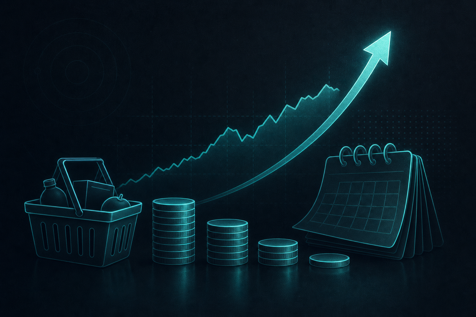 Illustration of rising prices, coins, and an upward trend chart.