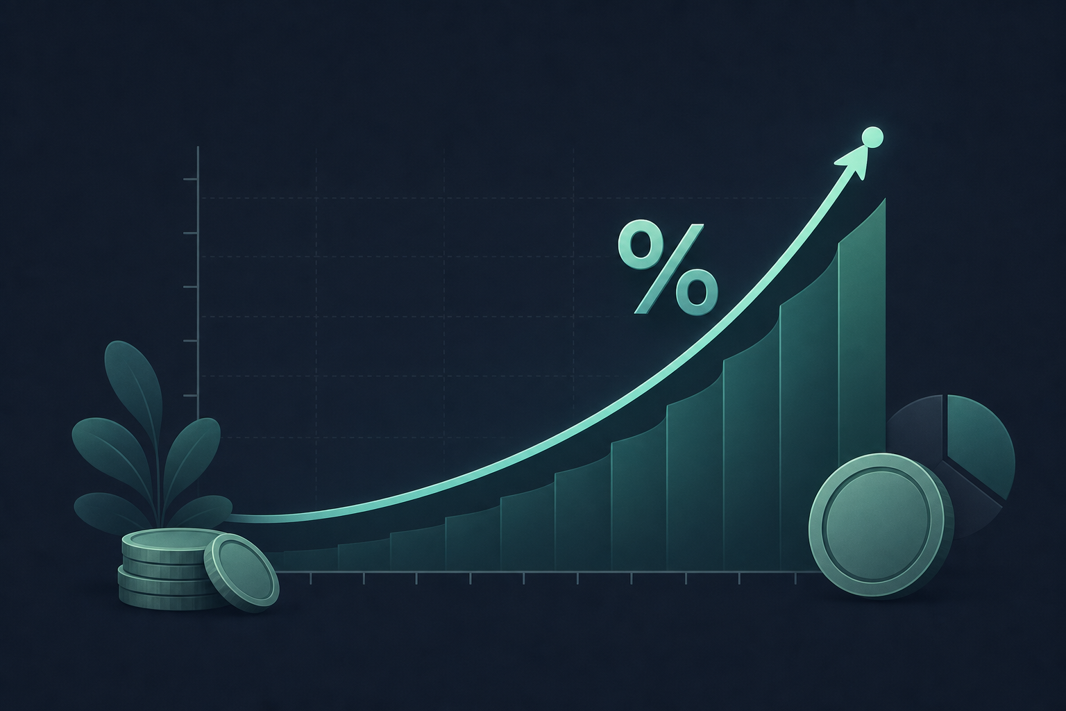 Illustration of a rising graph with a percent sign and graduation marks.