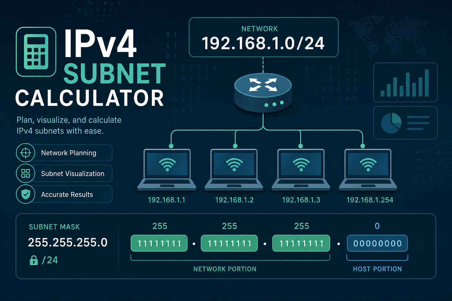 Network diagram illustrating IPv4 addressing with subnet mask and connected devices.