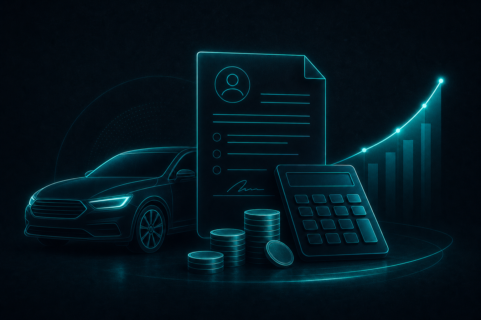 Illustration of a car, loan document, calculator, coins, and repayment chart.