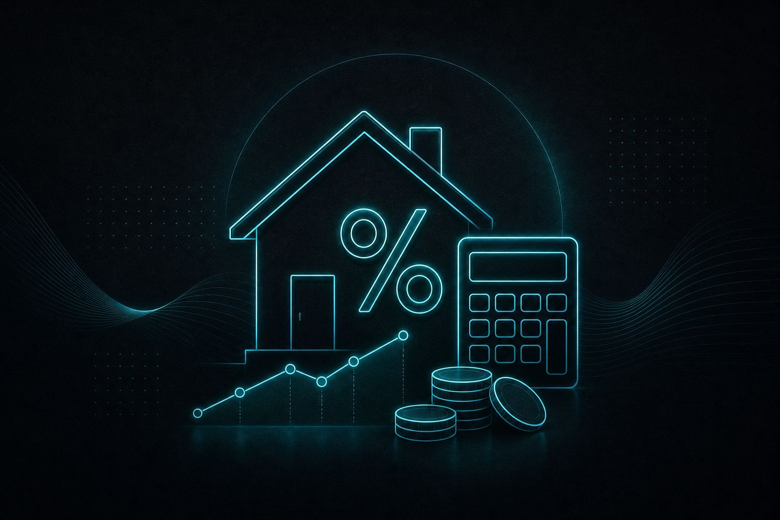 Illustration of a house, percent sign, calculator, coins, and repayment chart.