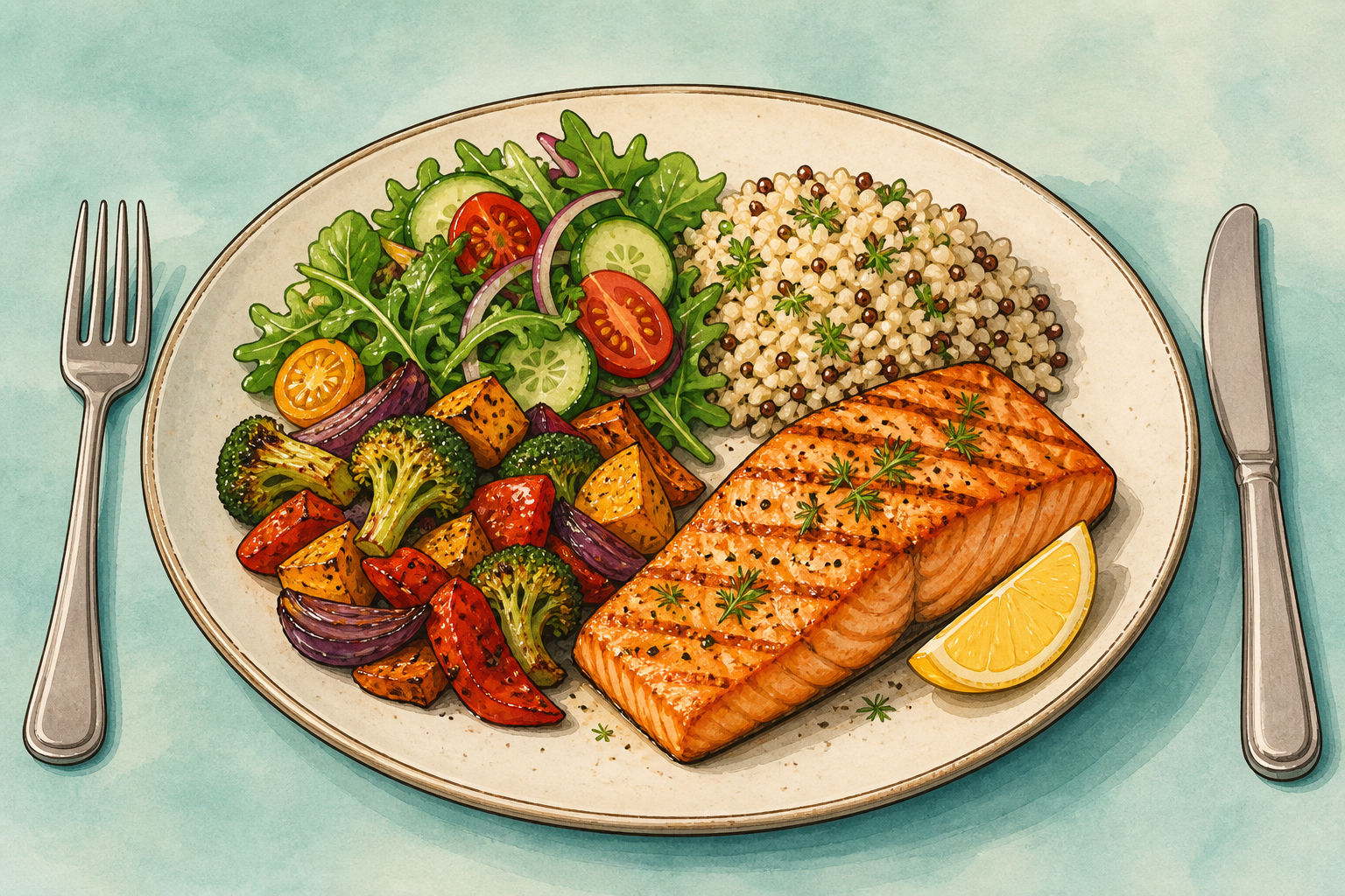 Hand-drawn style illustration of a balanced meal on a dinner plate.