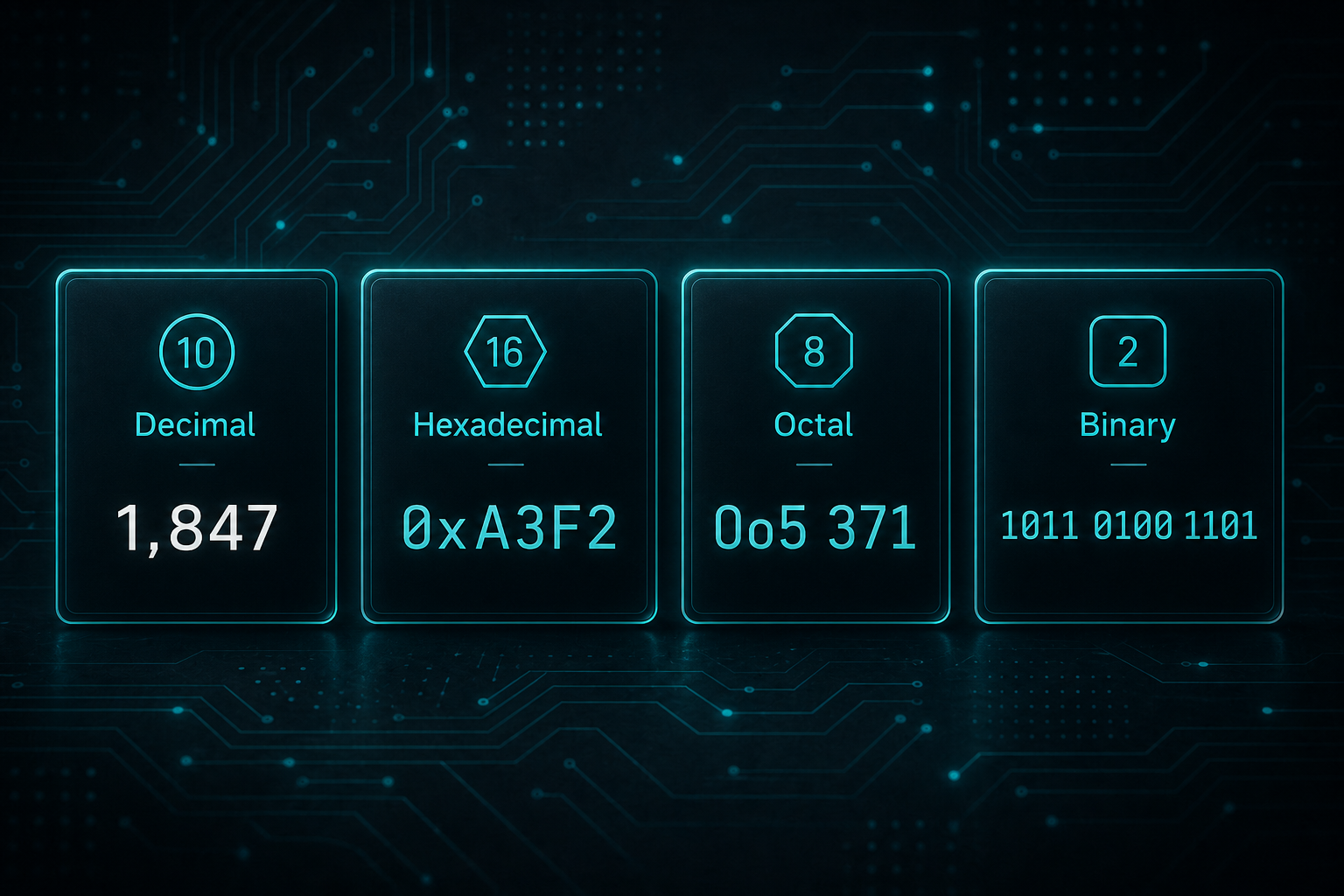 Illustration showing example numbers in decimal, hexadecimal, octal, and binary.