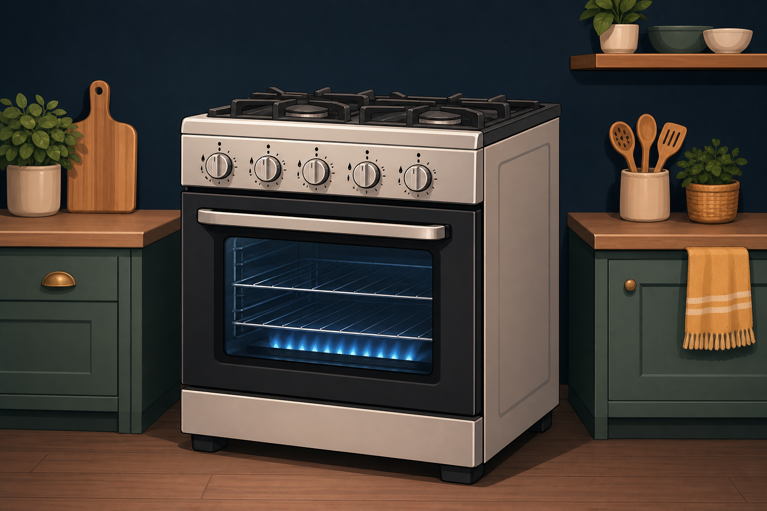 Illustration of a domestic gas oven with control knobs and a glass door.