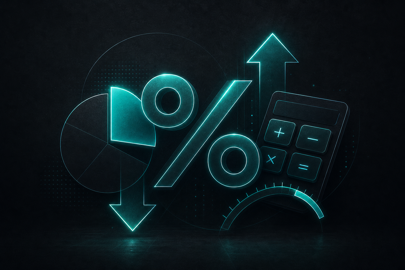 Illustration of a percent symbol, pie chart segment, and up and down arrows.