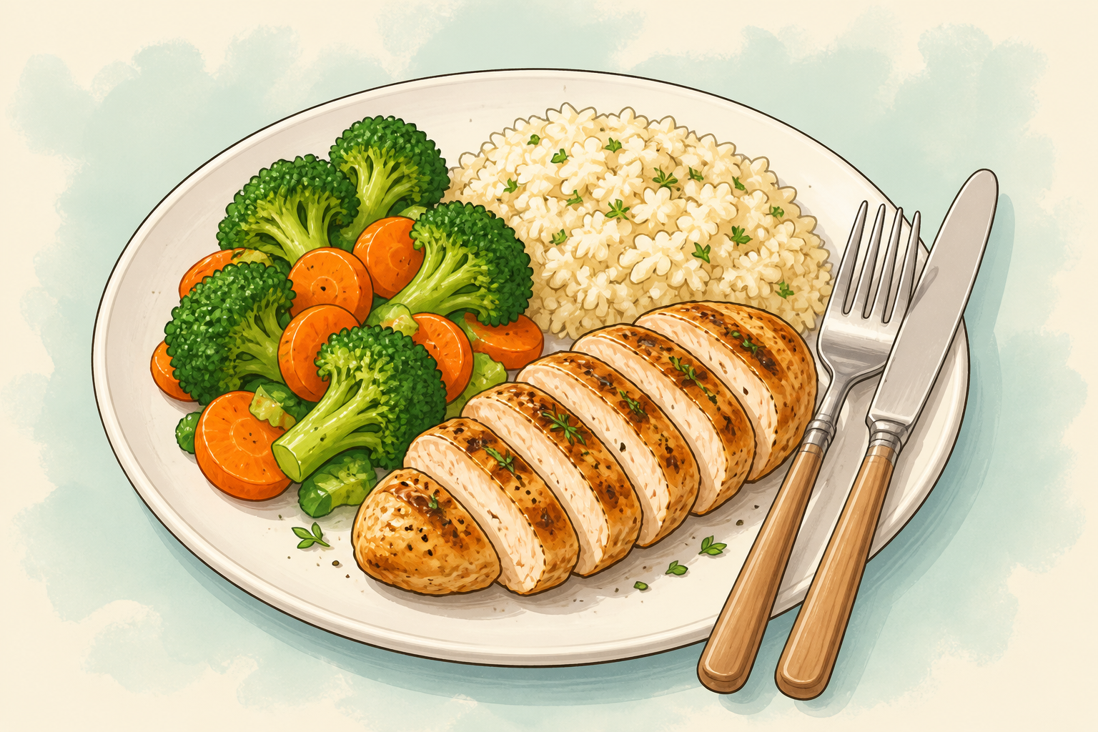 Hand-drawn style illustration of a dinner plate with chicken, vegetables, and grains.