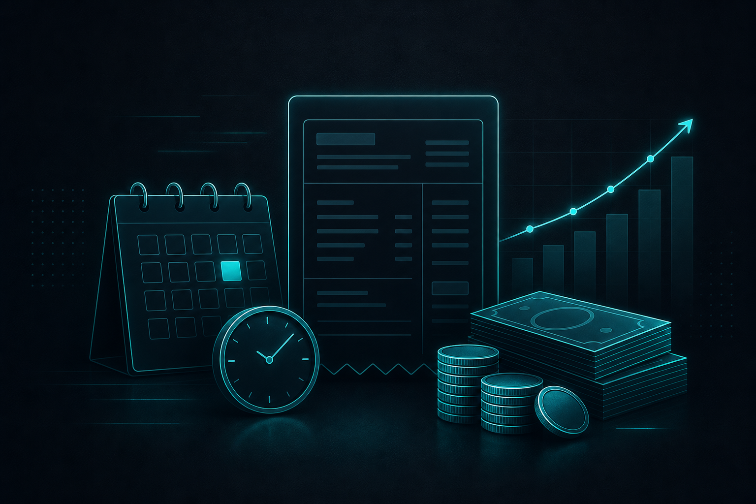 Illustration of a payslip, calendar, clock, and coins.
