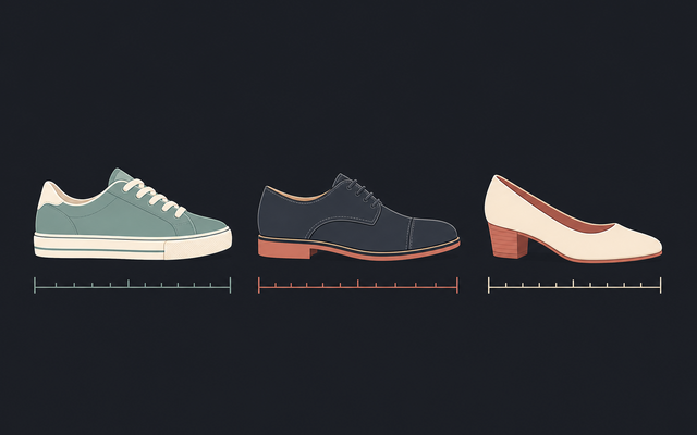 Illustration of a sneaker, lace-up shoe, and low heel above simple measuring marks.