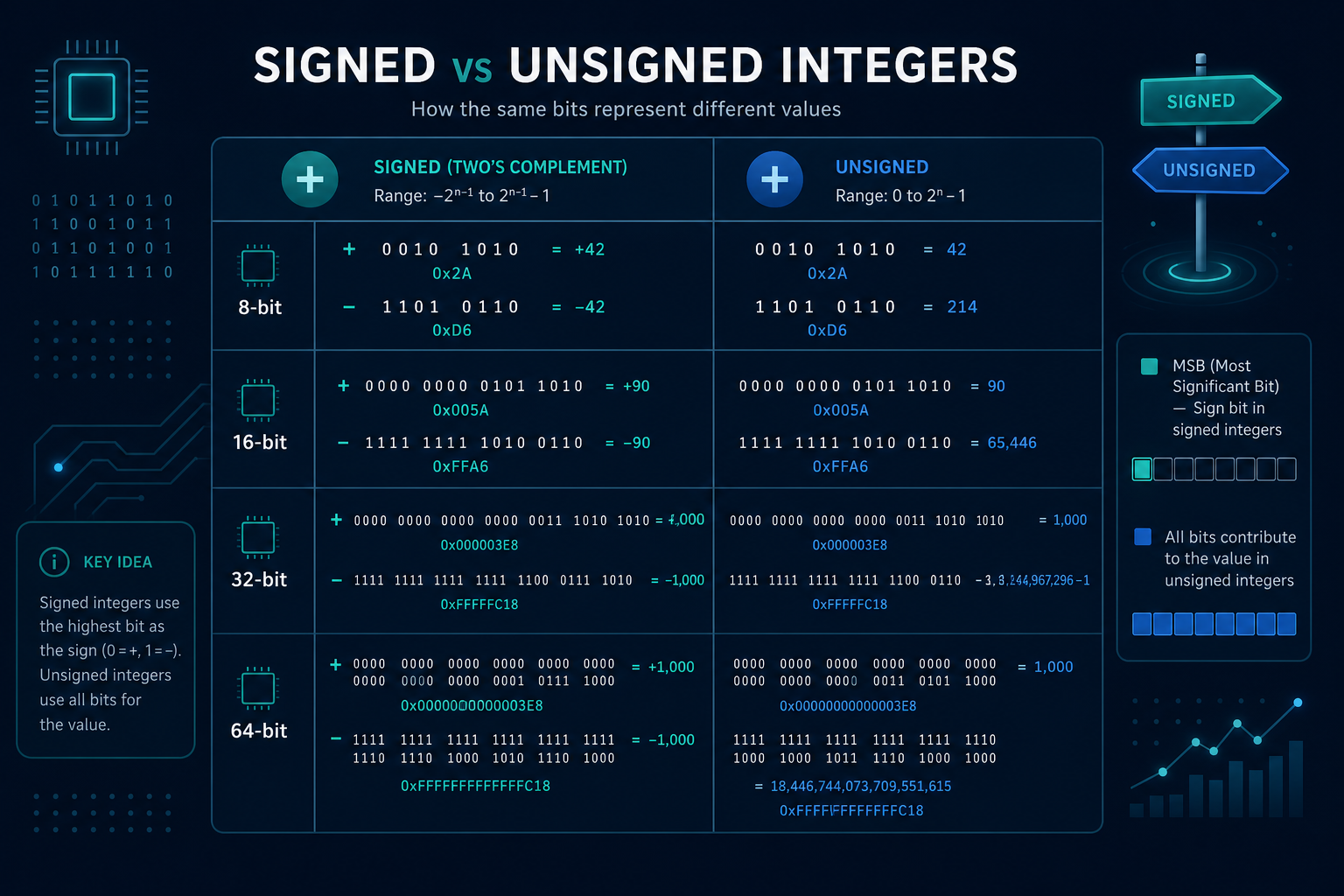 Illustration of signed and unsigned integers with plus and minus symbols, bit widths, and binary and hexadecimal examples.