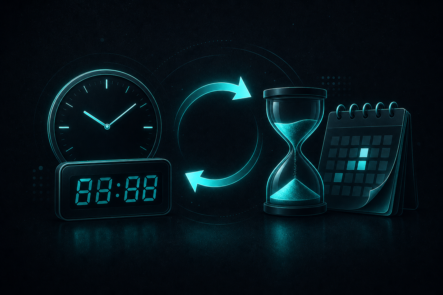 Illustration of clocks, an hourglass, and calendar pages.