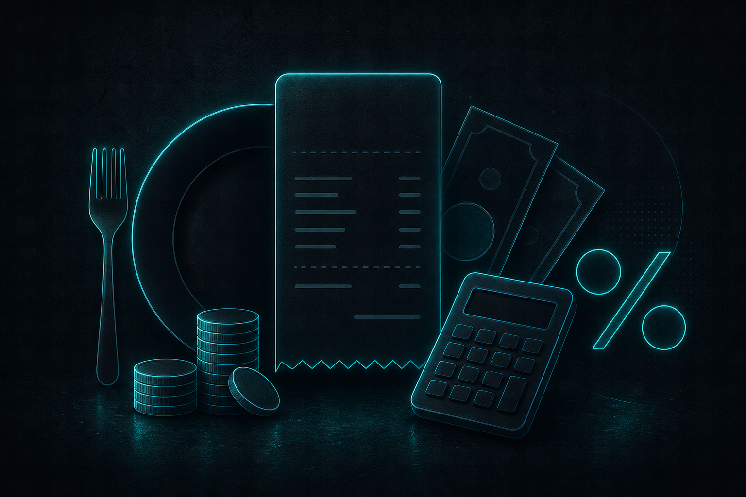 Illustration of a restaurant receipt, coins, calculator, and dining utensils.