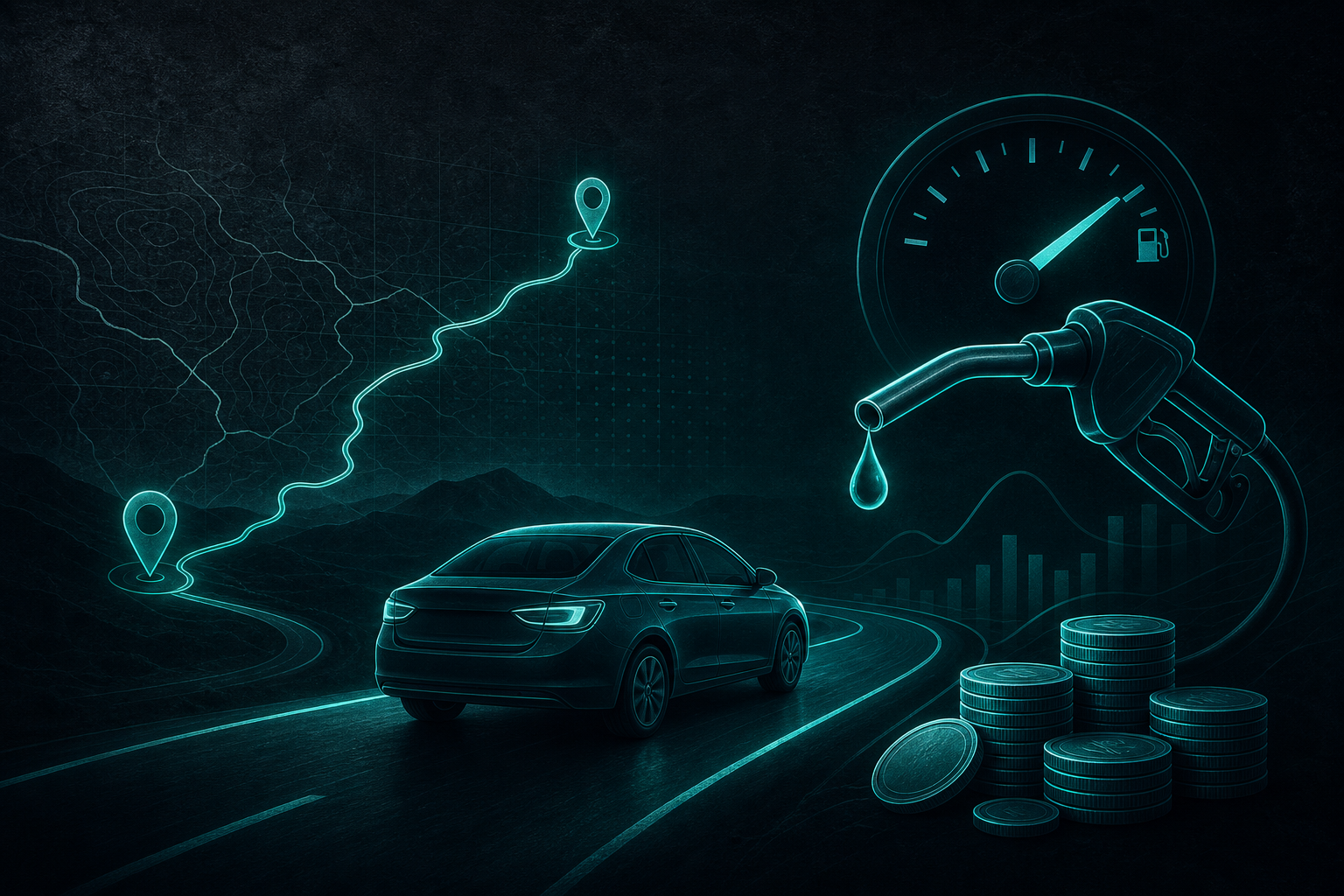 Illustration of a car on a road, fuel pump, and route map.