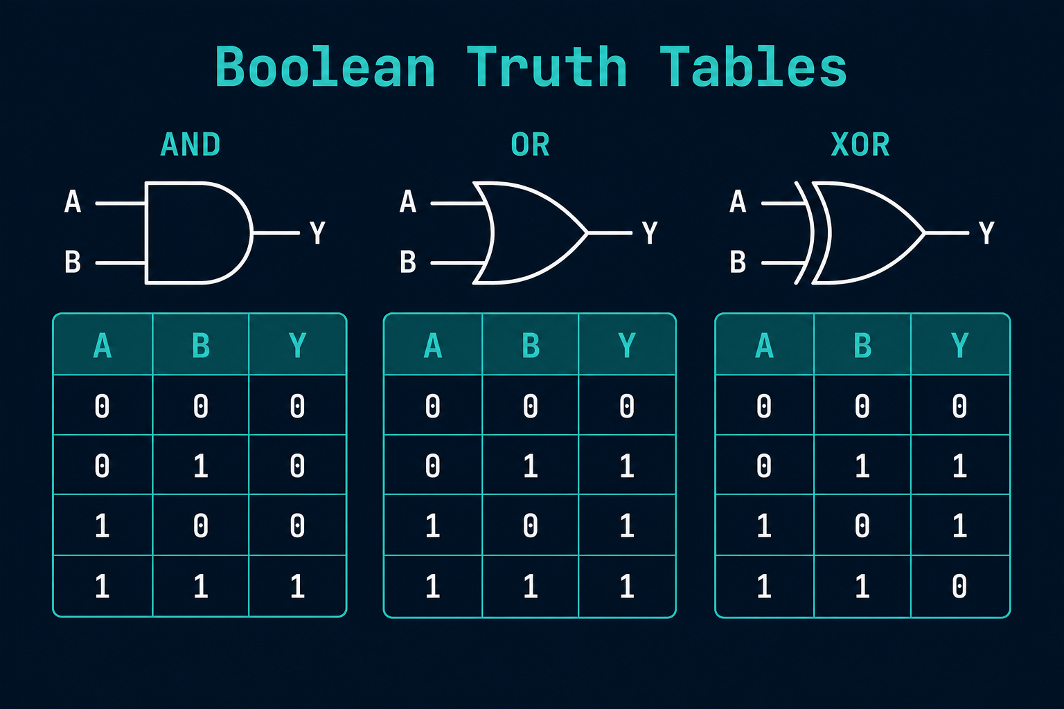 Illustration of AND, OR, and XOR logic gates with small truth tables showing inputs and outputs.