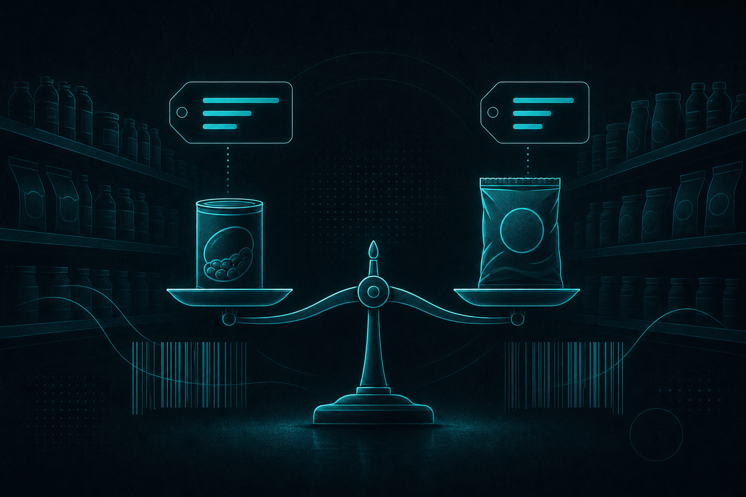 Illustration of grocery shelves, price tags, and a balance scale comparing packages.