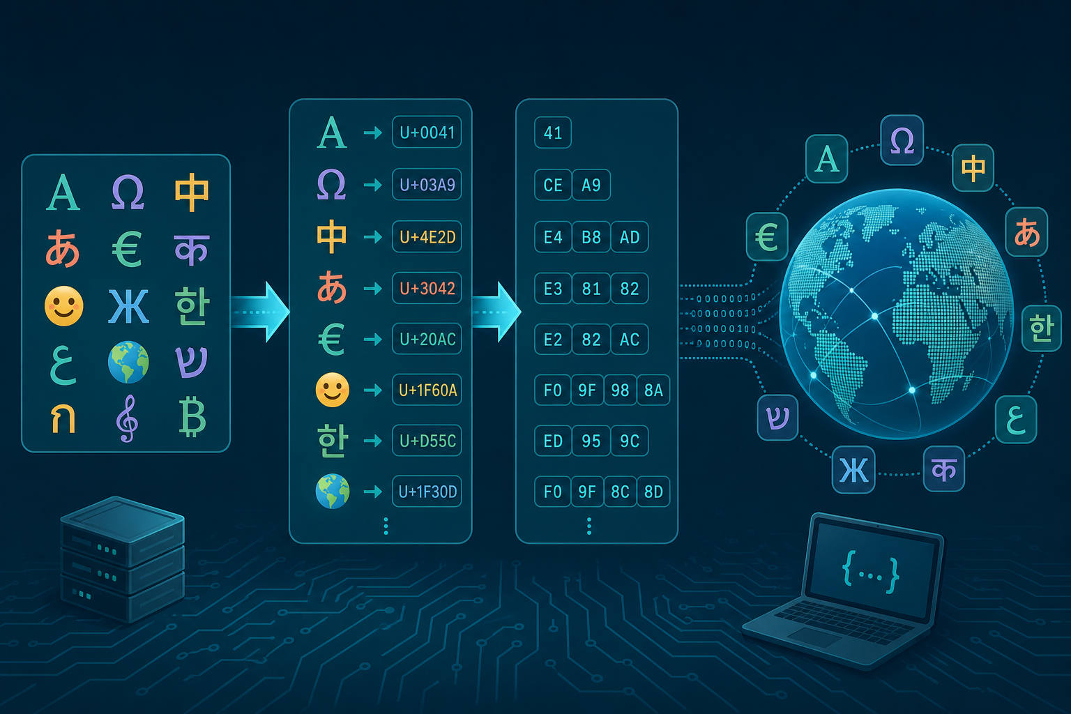 Illustration of text characters mapping to Unicode code points and UTF-8 hexadecimal byte sequences.