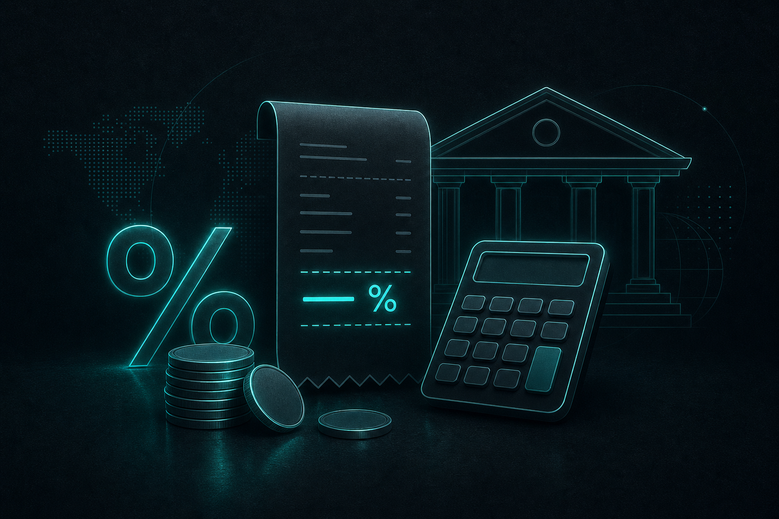Illustration of a receipt with a tax line, percentage symbol, coins, and calculator.
